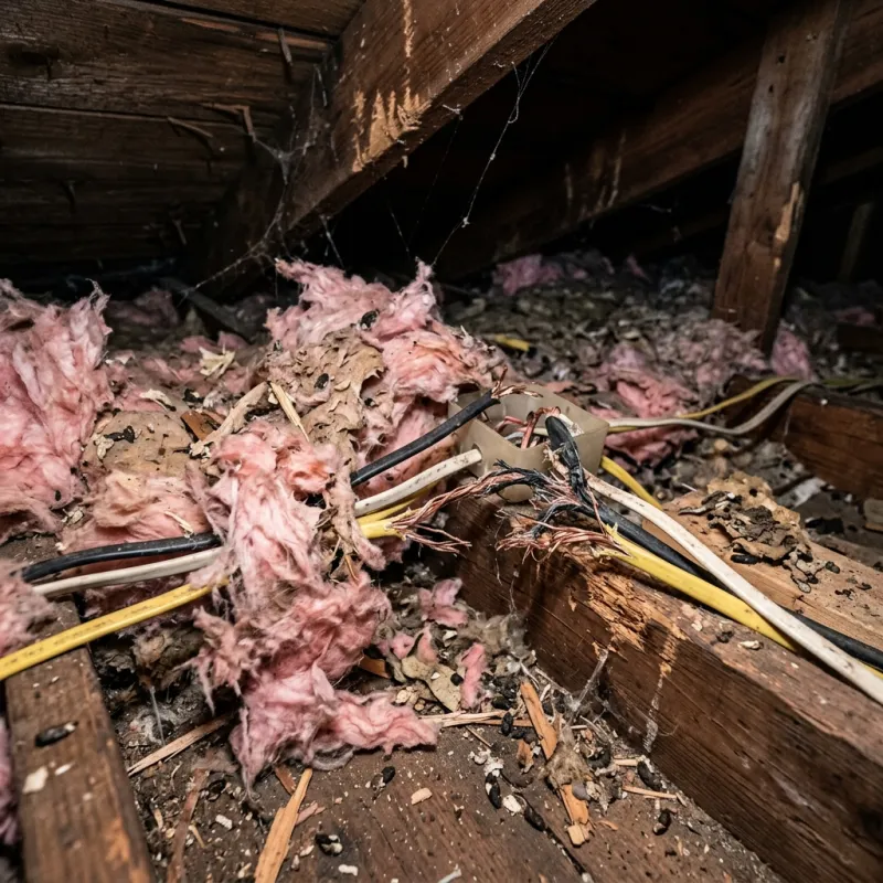 Contaminated ceiling insulation being assessed in a Campbellfield roof space